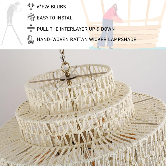 23.62In Large White Rattan Chandeliers Light Dining Room 6-Light