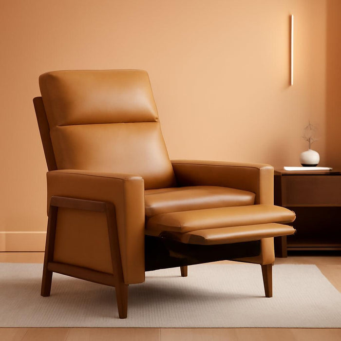 Push Back Recliner Chair, Upholstered Leather Recliner with Footrest 118-150 Degree Adjustable, Comfy Modern Wingback Recliner for Living Room, Bedroom,Small Spaces,Camel