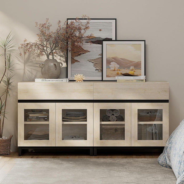 2 in 1 Multifunctional Sideboard Buffet Cabinets with 4 Glass Doors, Modern Sideboard Credenza, Coffee Bar Cabinet for Living Room, Kitchen, Light Oak