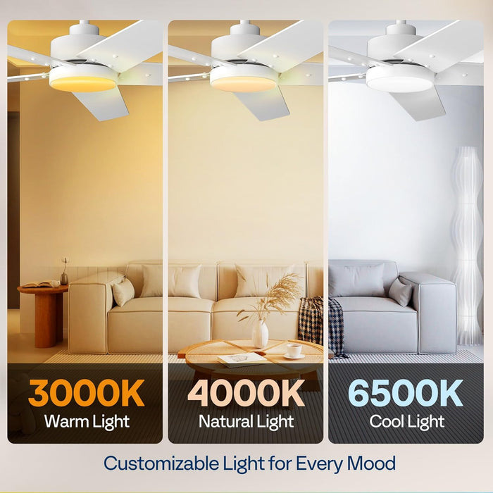 Ceiling Fans with Lights, 52 Inch Low Profile Ceiling Fan with Light and Remote, Flush Mount for Bedroom, Living Room, Garage, 6+1 Speeds, 3CCT, Dimmable, Timer, Quiet Reversible, White