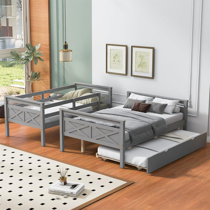 Trundle Bunk Bed, Twin over Full Wood Bunk Bed with Twin Size Trundle, Solid Wood Bunk Bed Frame with Guardrail and Ladder, Grey