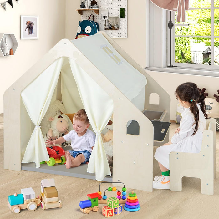 Kids Tent, 6-In-1 Wooden Frame Play House with Table and Chair Set, Blackboard, Side Storage Bag & Soft Floor Mat, Indoor Playhouse for Boys Girls Aged 2-6 Years Old