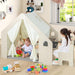 Kids Tent, 6-In-1 Wooden Frame Play House with Table and Chair Set, Blackboard, Side Storage Bag & Soft Floor Mat, Indoor Playhouse for Boys Girls Aged 2-6 Years Old