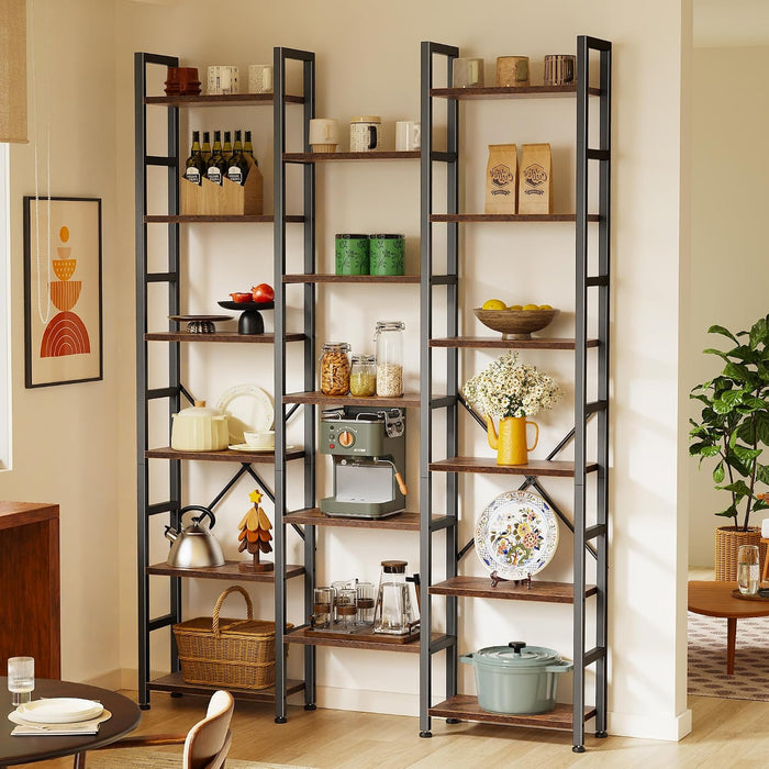 6 Tier Bookshelf, 75'' Tall Bookcase, 17 Open Shelves, Rustic Brown