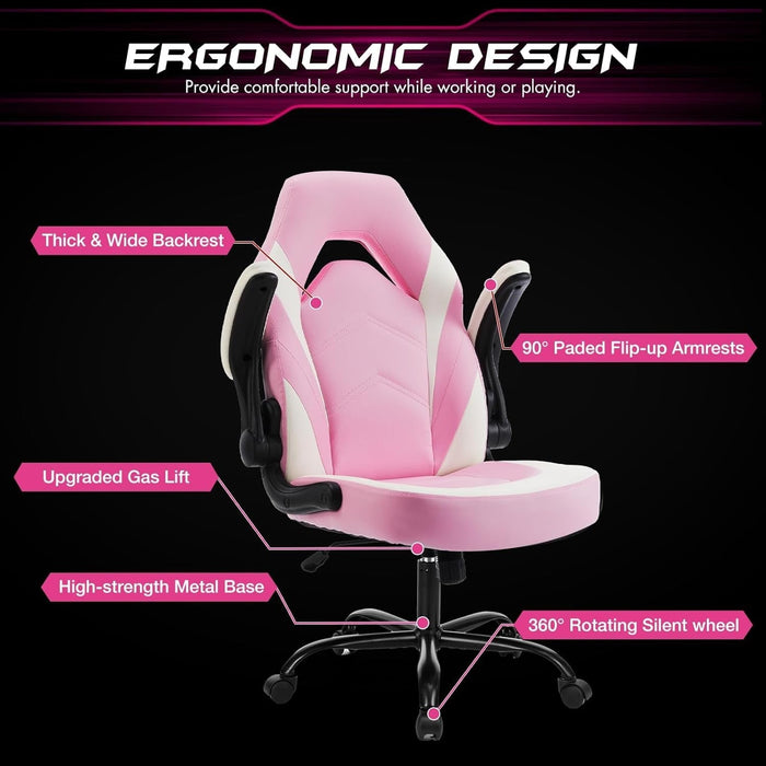 Computer Gaming Desk Chair - Pink Ergonomic Office Executive Adjustable Swivel Task PU Leather Racing Chair with Flip-Up Armrest for Adults, Kids, Men, Girls, Gamer, White Pink