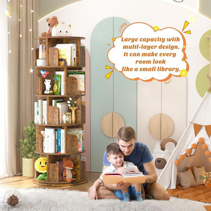 Rotating Bookshelf, 360 Display Wood Spinning Bookshelf Tower, 5 Tier Floor Standing Bookcase Storage Rack, Revolving Bookcase Corner Bookshelfs for Small Space, Study, Bed Room, Rustic Brown