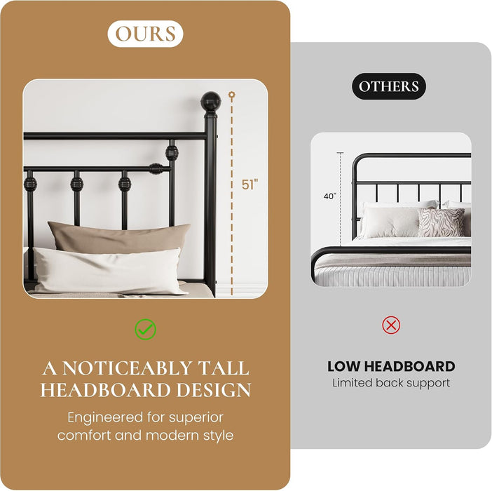 14" Queen Size Metal Platform Bed Frame/Victorian Headboard and Footboard/Steel Slats Mattress Foundation for Storage/No Box Spring Needed/Noise Free/Black