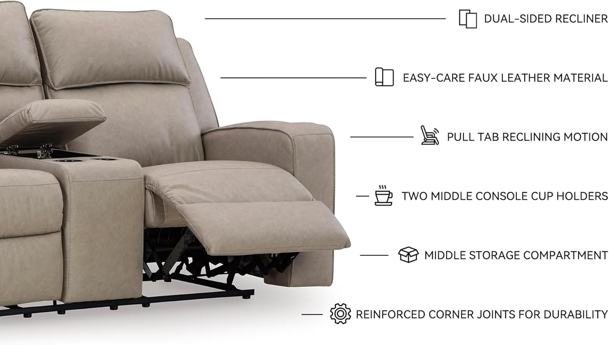 Signature Design by Ashley Lavenhorne Contemporary Faux Leather Manual Reclining Loveseat with Console and Cup Holders, Beige