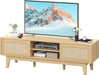 Boho TV Stand for 55 65 Inch TV, Rattan Entertainment Center with Shelves, Cabinets and Sliding Doors, TV Media Console Table with Solid Wood Feet & Cord Holes for Living Room, Bedroom, Natural