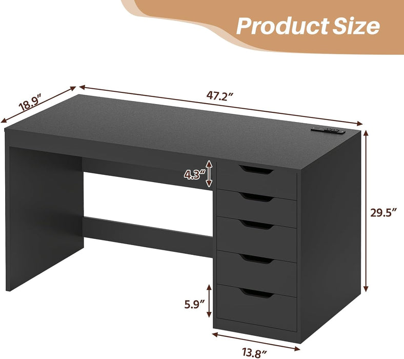 47 Inch Computer Desk with 5 Drawers and Power Outlets, Home Office Desks with Storage File Cabinet, Modern Simple Laptop Desk Writing Table for Small Spaces, Black