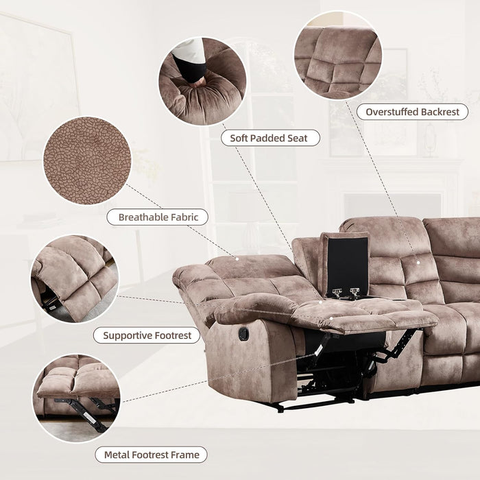 Manual Reclining Sectional Sofa Set for Living Room, Soft Fabric Recliner Corner Sectional Couch with Center Console, Cup Holder and Storage, Brown