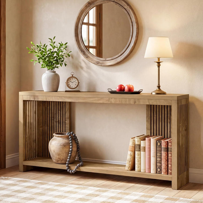 70.9-Inch Long Entryway Table with 2-Tier Storage, Farmhouse Narrow Sofa Console Table with Vertical Stripe Legs, for Entrance, Entryway, Hallway, Foyer, behind the Couch, Brown