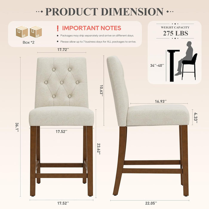 Bar Stools Set of 4, Fabric Counter Height Bar Stools,Beige