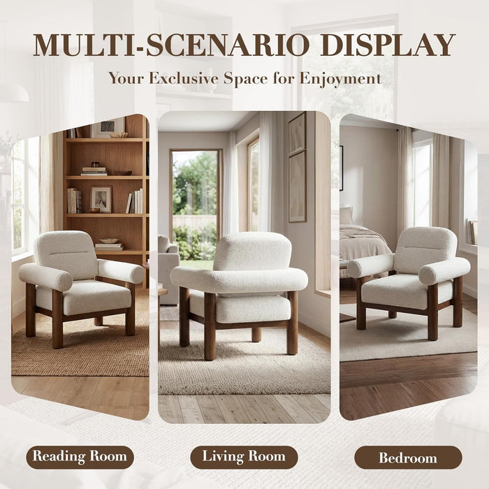 Beige Boucle Upholstered Barrel Chair With SolidWood
