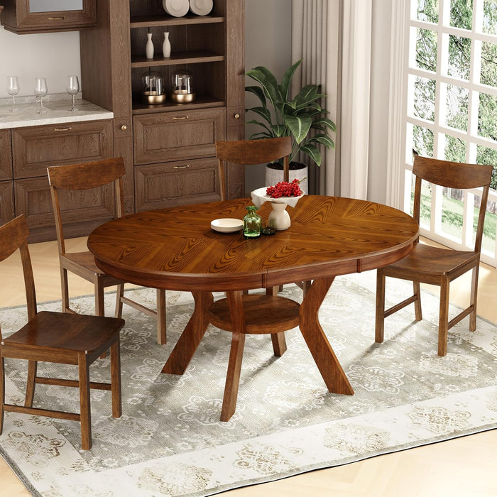 43.7In-59In Solid Wood Frame round Extendable Dining Table for 4-8, Modern Kitchen Oval Dining Table with Wooden Pedestal Base, Unique Wood Grain with Storage Shelf for Kitchen Living Room