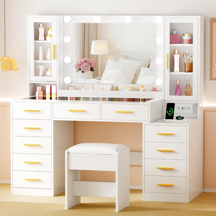 53.15" Large Vanity Desk with Mirror and Lights,White Makeup Vanity with Glass Top Power Outlet Vanity Table with 11 Drawers 6 Shelves Dressing Table Stool Set for Bedroom Women UXFST008W