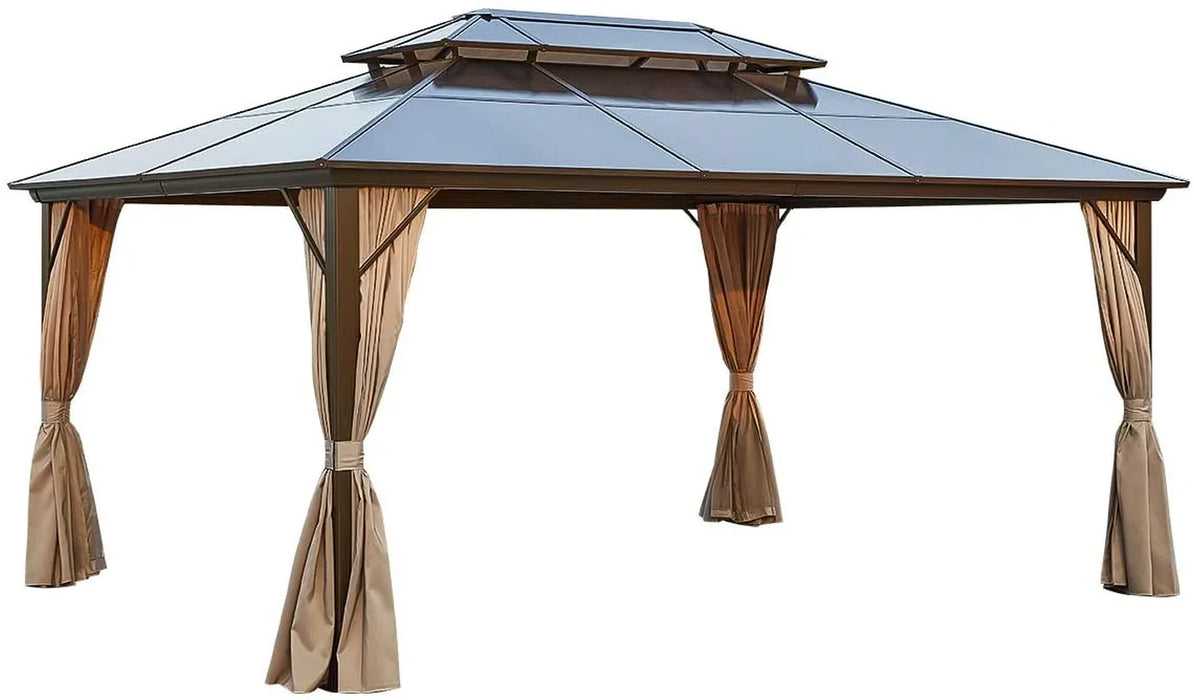 12'X16' Outdoor Polycarbonate Double Roof Hardtop 12 Ft Gazebo Canopy, Brown