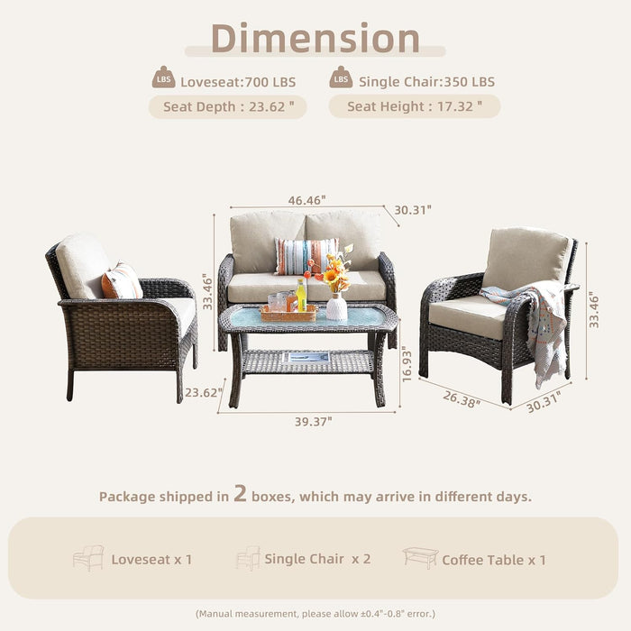 4-Piece Wicker Patio Furniture Set, All-Weather Rattan Conversation Bistro Loveseat Chair and Table Set for Backyard, Balcony and Deck with Soft Cushions and Metal Table(Tan)