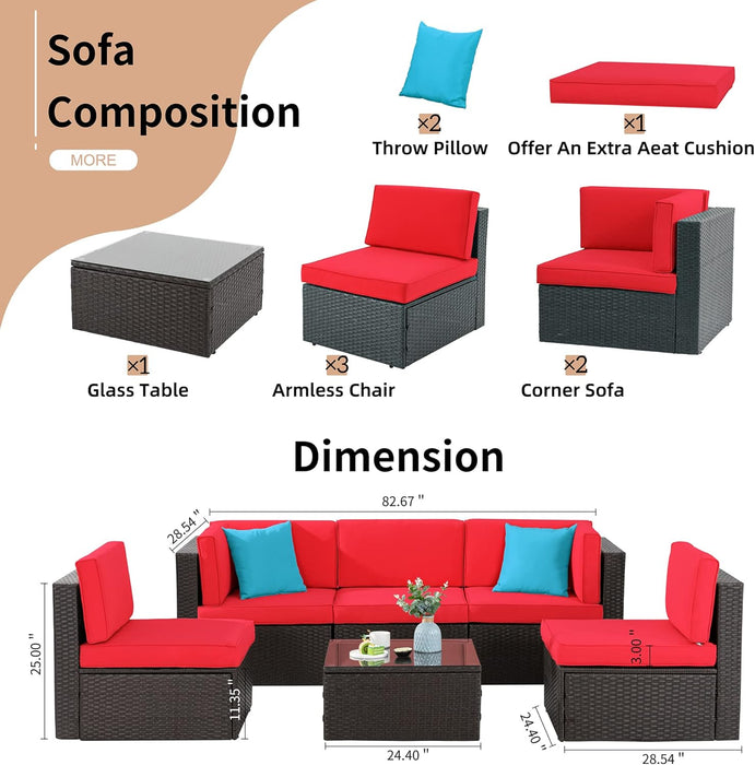 6 Pieces Patio Furniture Sets Outdoor All-Weather Sectional Patio Sofa Set PE Rattan Manual Weaving Wicker Patio Conversation Set with Glass Table&Ottoman Cushion and Red Pillows, Red