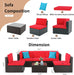 6 Pieces Patio Furniture Sets Outdoor All-Weather Sectional Patio Sofa Set PE Rattan Manual Weaving Wicker Patio Conversation Set with Glass Table&Ottoman Cushion and Red Pillows, Red