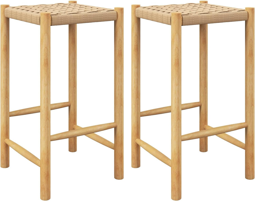 26" Counter Height Wood Bar Stools Set of 2, Boho Rattan Barstools, Max Load 330 Lbs, Armless Saddle Kitchen Stools, Backless Wicker Bar Stools for Kitchen Counter Indoor Outdoor