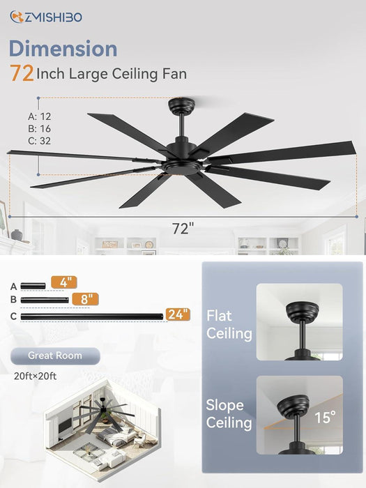 72 Inch Ceiling Fan No Light with Remote Control, 8 Blades Quiet DC Reversible Motor, 6-Speed, Timer, Black Finish, Indoor Outdoor Ceiling Fans for Patios, Living Room, Garage