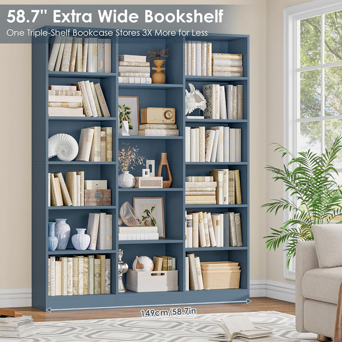 Blue Triple Wide Freestanding Bookshelf 74Inch Tall
