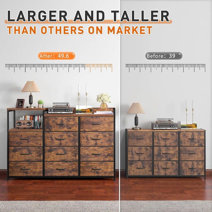 Dresser for Bedroom with 11 Drawers, Open Shelf, 49.6" W, Brown