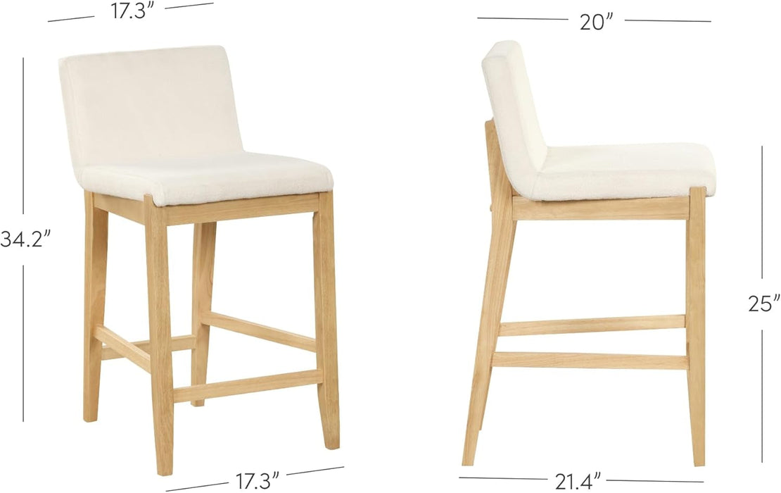 Gracie Modern Counter Height Bar Stool with Back, Counter Stool Upholstered Chair with Natural Textured Linen and Brushed Wooden Legs, Cream Boucle/Light Brown, Set of 4