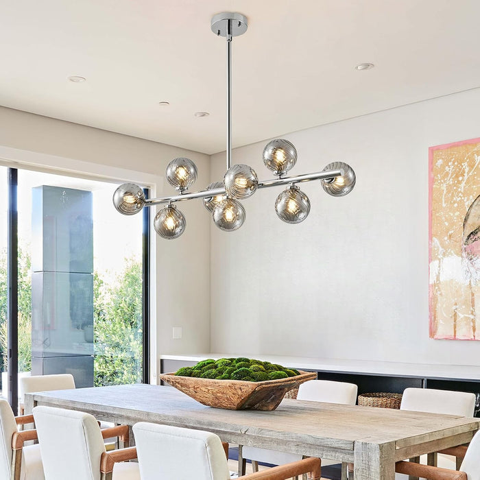Mid Century Modern Sputnik Chandeliers,9-Light Dining Room Light Fixture | Globe Smoke Grey Glass Dining Room Chandeliers,Chrome Long Linear Sputnik Ceiling Light,Modern Pendant Light Kitchen Island