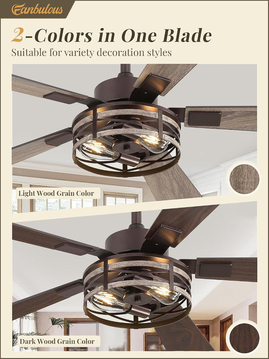 48" Farmhouse Ceiling Fans with Light & Remote, 6-Speed Caged