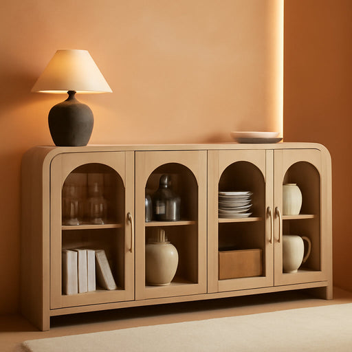 65" Sideboard Buffet Cabinet with Arched Glass Doors, Natural | Modern Wood Sideboard, Spacious Storage Credenza, Adjustable Shelves, Living Room Accent Cabinet, Dining Room & Entryway Use