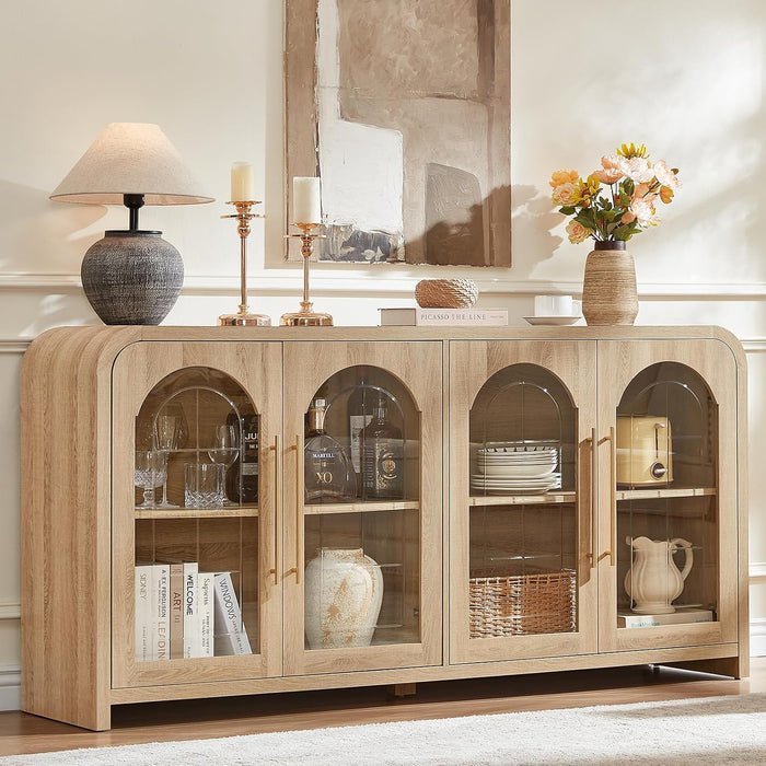 65" Sideboard Buffet Cabinet with Arched Glass Doors, Natural | Modern Wood Sideboard, Spacious Storage Credenza, Adjustable Shelves, Living Room Accent Cabinet, Dining Room & Entryway Use
