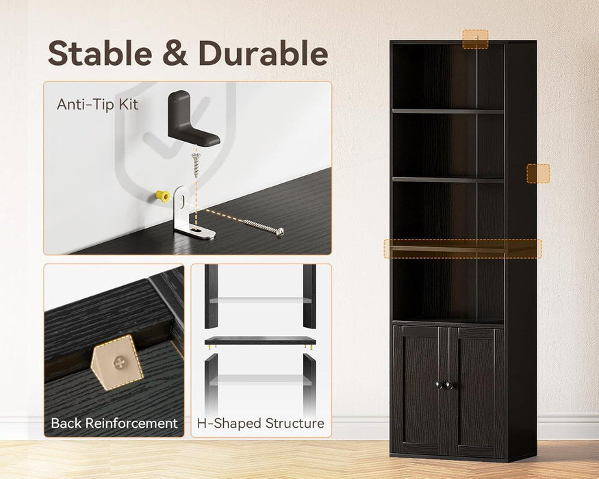 Bookshelf and Bookcase with Doors, Floor Standing 6-Tier Shelf Display Storage Shelves, Tall Bookcases for Home Office, Living Room, Black
