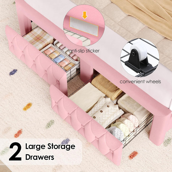 Full Bed Frame with LED Lights and 2 Storage Drawers, Velvet Upholstered Platform with 47" Tall Arc-Shaped Wingback Headboard and Button Tufted Design, No Box Spring Needed, Noise-Free, Pink