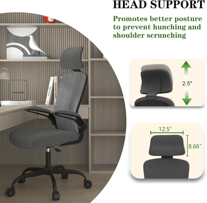 Ergonomic Mesh Office Chair, High Back Computer Desk Chair with Adjustable Lumbar Support & Headrest, Swivel Task Chair with Flip-Up Armrests for Home & Office (English, Dark Grey)