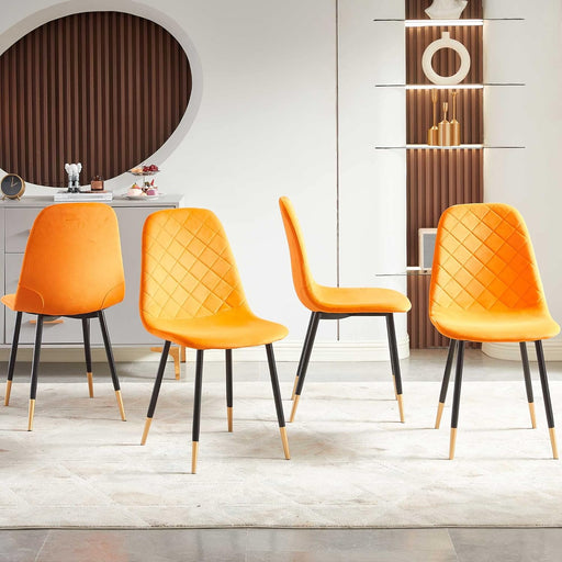 Velvet Dining Chairs Kitchen Plain Color Chair Upholstered Side Stools with Backrest Metal Legs Set of 4, Orange