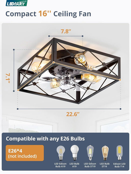 Caged Flush Mount Ceiling Fans with Lights and Remote, Black Square Rustic Low Profile Ceiling Fan, 6 Speed and Reversible, Small Farmhouse Bladeless Ceiling Fan for Bedroom, Kitchen, Indoor