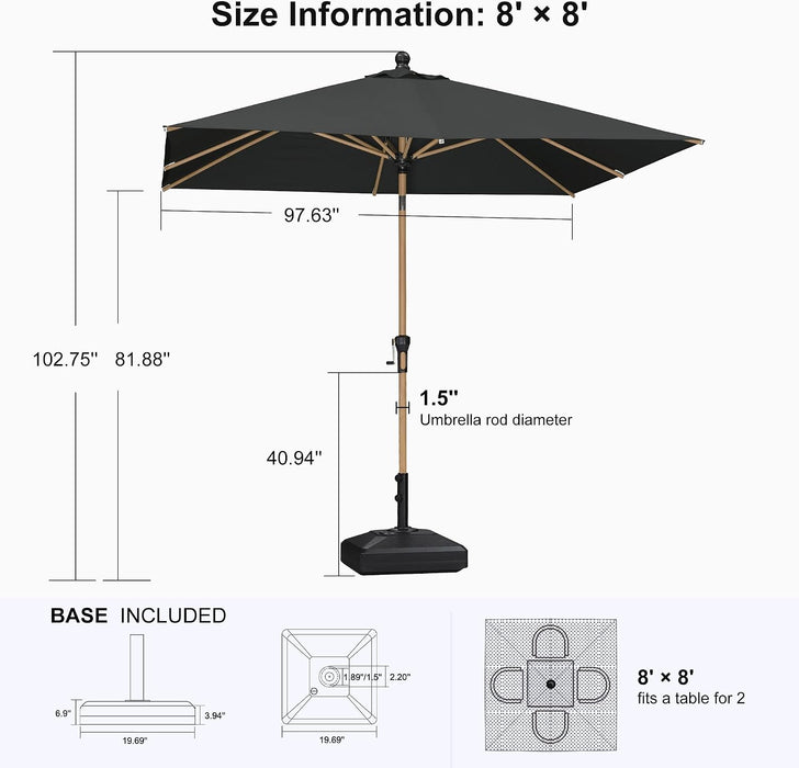 Patio Umbrella with Base 8' X 8' Table Wood-Grain Finish, Black