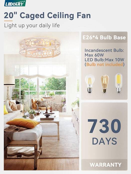 Caged Ceiling Fan with Light and Remote, 20In Small Low Profile Ceiling Fans with Lights, 6 Speed Farmhouse Flush Mount Ceiling Fan for Bedroom, Kitchen, Living Room-White and Gold