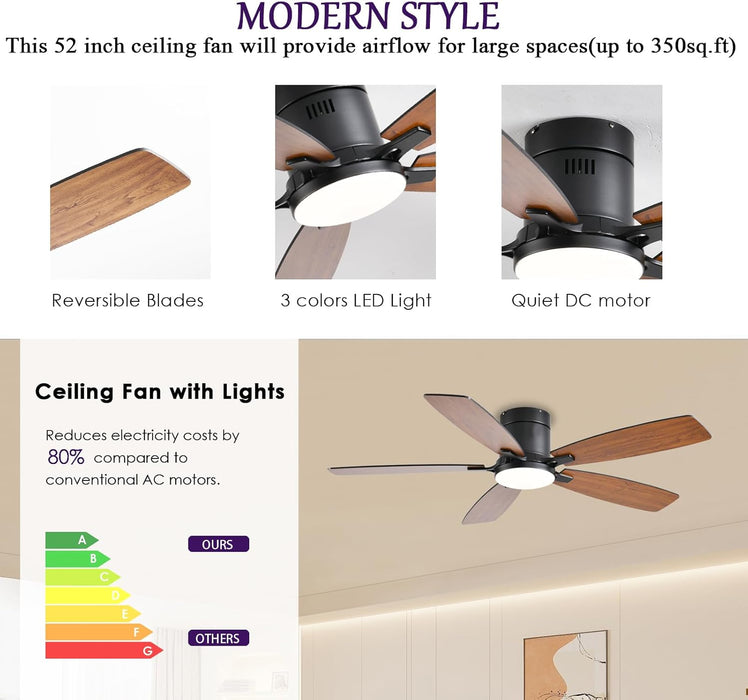 52Inch Ceiling Fans with Lights, Low Profile Ceiling Fan with Light and Remote Control/App Control, Flush Mount, Reversible Motor, Dimmable, Noiseless, Brown Ceiling Fan for Bedroom (Brown)