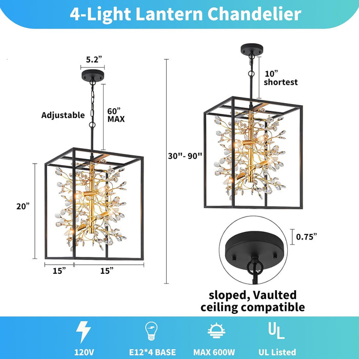 Black and Gold Chandelier, 4-Light Entryway Crystal Chandeliers Foyer Modern Farmhouse Hanging Cage Pendant Light Fixture for Dining Room Kitchen Island Entrance Staircases Hallway, H21 Inch