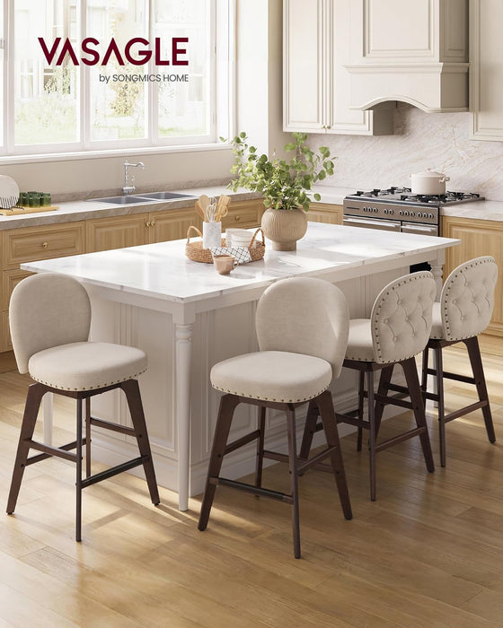 Bar Stools Set of 2, Swivel Counter Height Bar Stools with Back and Wood Legs, Chenille Fabric Upholstered Barstools, 26.2-Inch Tall Counter Barstools for Kitchen Island, Cappuccino Beige