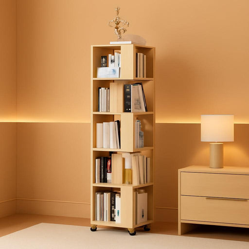 Five Tier Solid Wood Rotating Bookshelf NaturalFinish