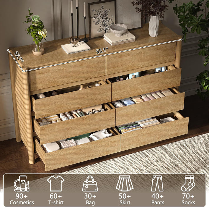 55" Wide 8 Drawer Dresser for Bedroom with Solid Wood Legs