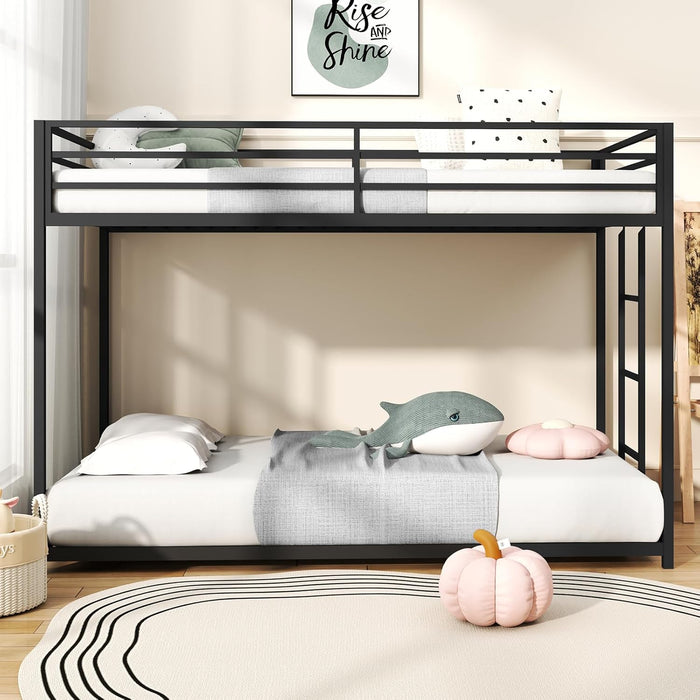 Twin over Twin Bunk Bed, Metal Low Profile Bunkbeds with Full-Length Guardrail and Ladder, Space Saving, No Boxing Spring Needed, Black