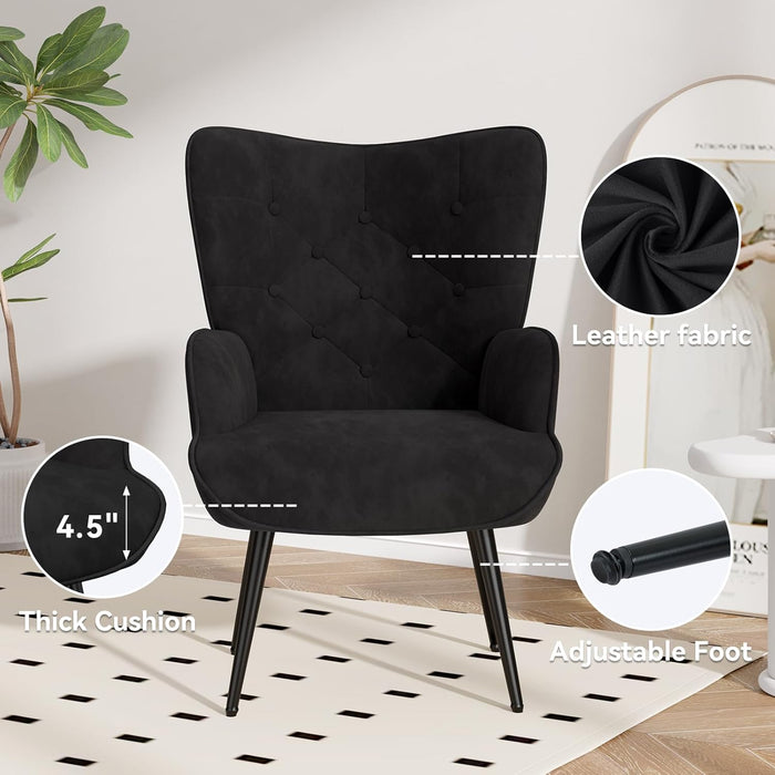 Black Mid Century Velvet Upholstered Wingback Armchair