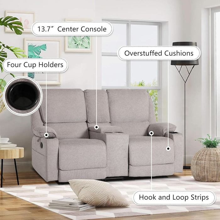 Loveseat Recliner, RV Reclining Loveseat, Home Theater Seating, Manual Loveseat with Console, 4 Cup Holders, 2-Seater Recliner Sofa, RV Furniture (Light Grey, Loveseat with Console)