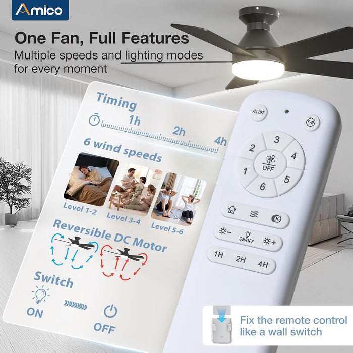 42 Inch Smart Ceiling Fans with Lights, Small Low Profile Ceiling Fan, Remote/Alexa Voice Control, Flush Mount, Reversible DC Motor, 5 Blades, 6 Speeds, 3CCT, Dimmable, Noiseless, Bedroom, Black