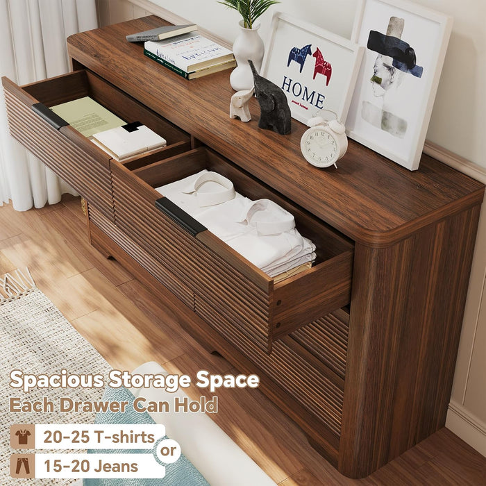 Fluted 6 Drawer Wood Dresser,Farmhouse Chest for Bedroom Entryway,Walnut